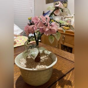 Vintage Green & Pink Bonsai Tree in Celadon Bowl. EC. MCM Hand Made 1960s China